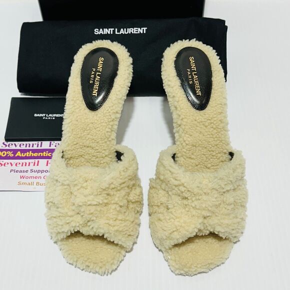 Saint Laurent Tribute 85 39.5/US 9.5 Shearling Sandals Natural Stiletto Heel NIB - Picture 5 of 12